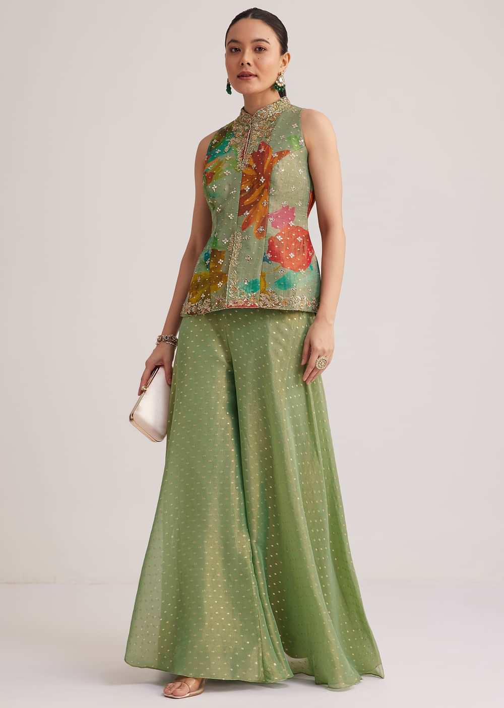 Pista Green Floral Embroidered Palazzo Set