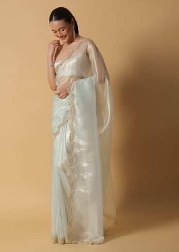 Pista Green Foil Saree In Tissue With Cut Dana Embroidered Borders