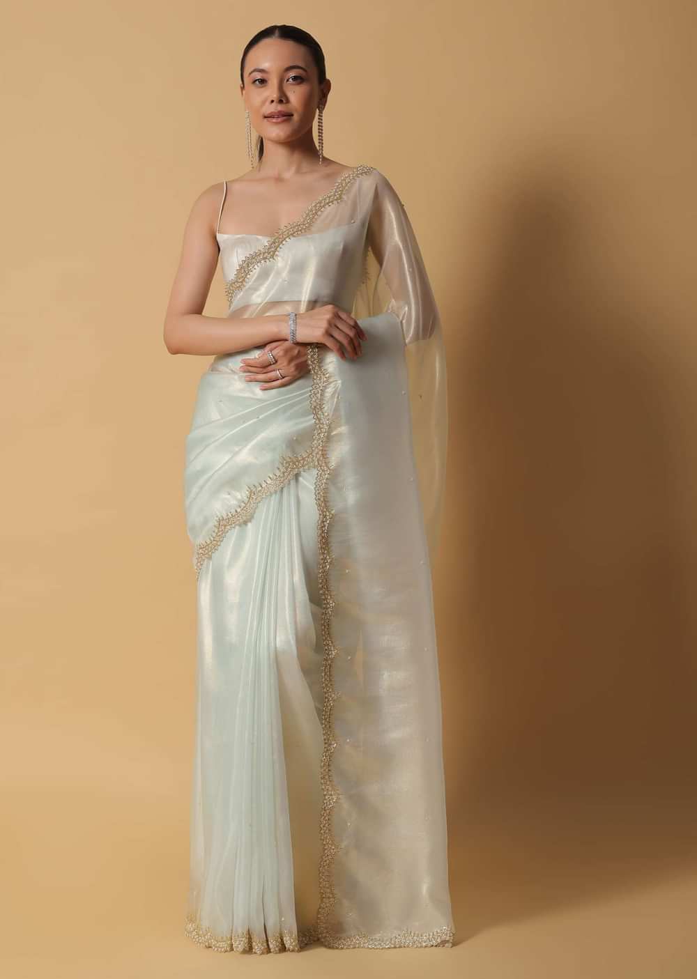 Pista Green Foil Saree In Tissue With Cut Dana Embroidered Borders