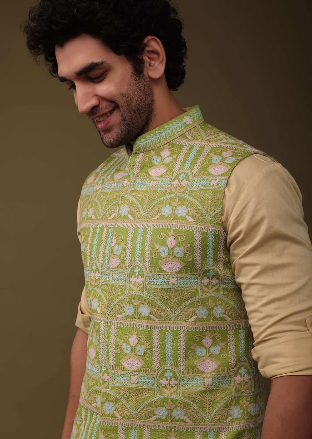 Pista Green Jacket Kurta Set In Art Silk With Threadwork