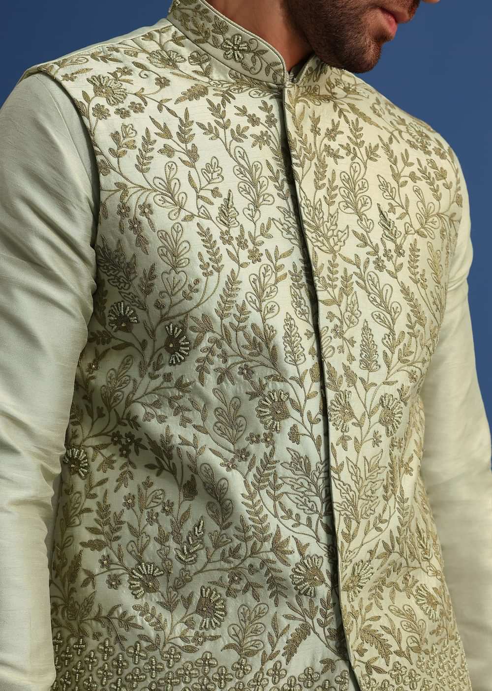 Pista Green Kurta Jacket Set With Resham Work For Men