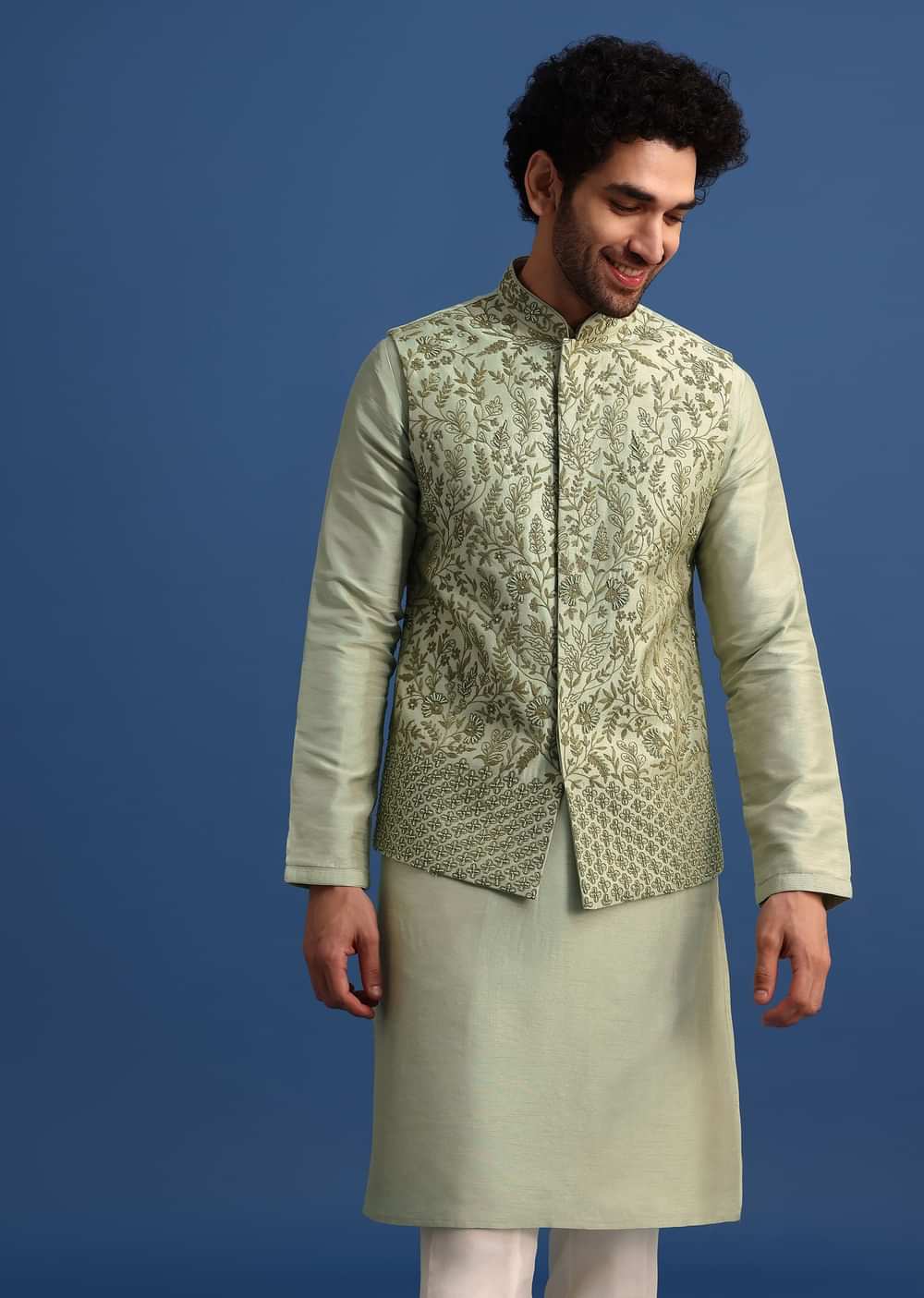 Pista Green Kurta Jacket Set With Resham Work For Men