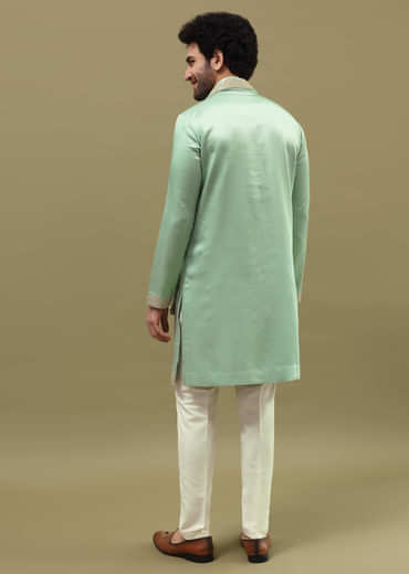 Pista Green Kurta Set In Resham Work With Dupatta For Men