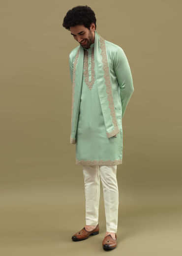 Pista Green Kurta Set In Resham Work With Dupatta For Men