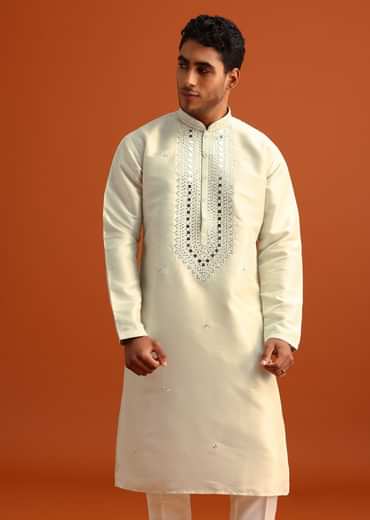 Pista Green Kurta Set In Silk With Mirror Embellishments