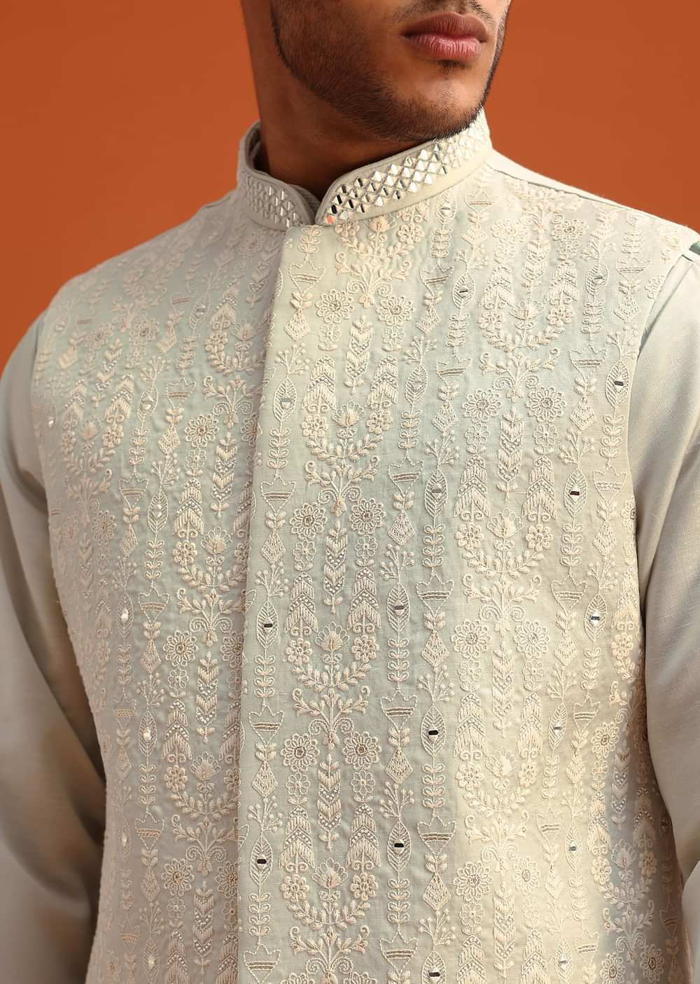 Pista Green Linen Satin Mirror Work Jacket Kurta Set