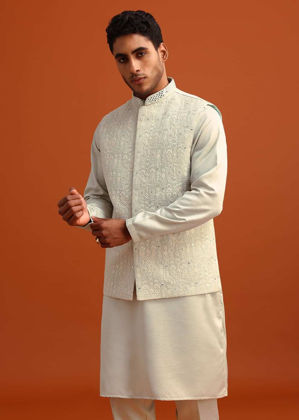 Pista Green Linen Satin Mirror Work Jacket Kurta Set