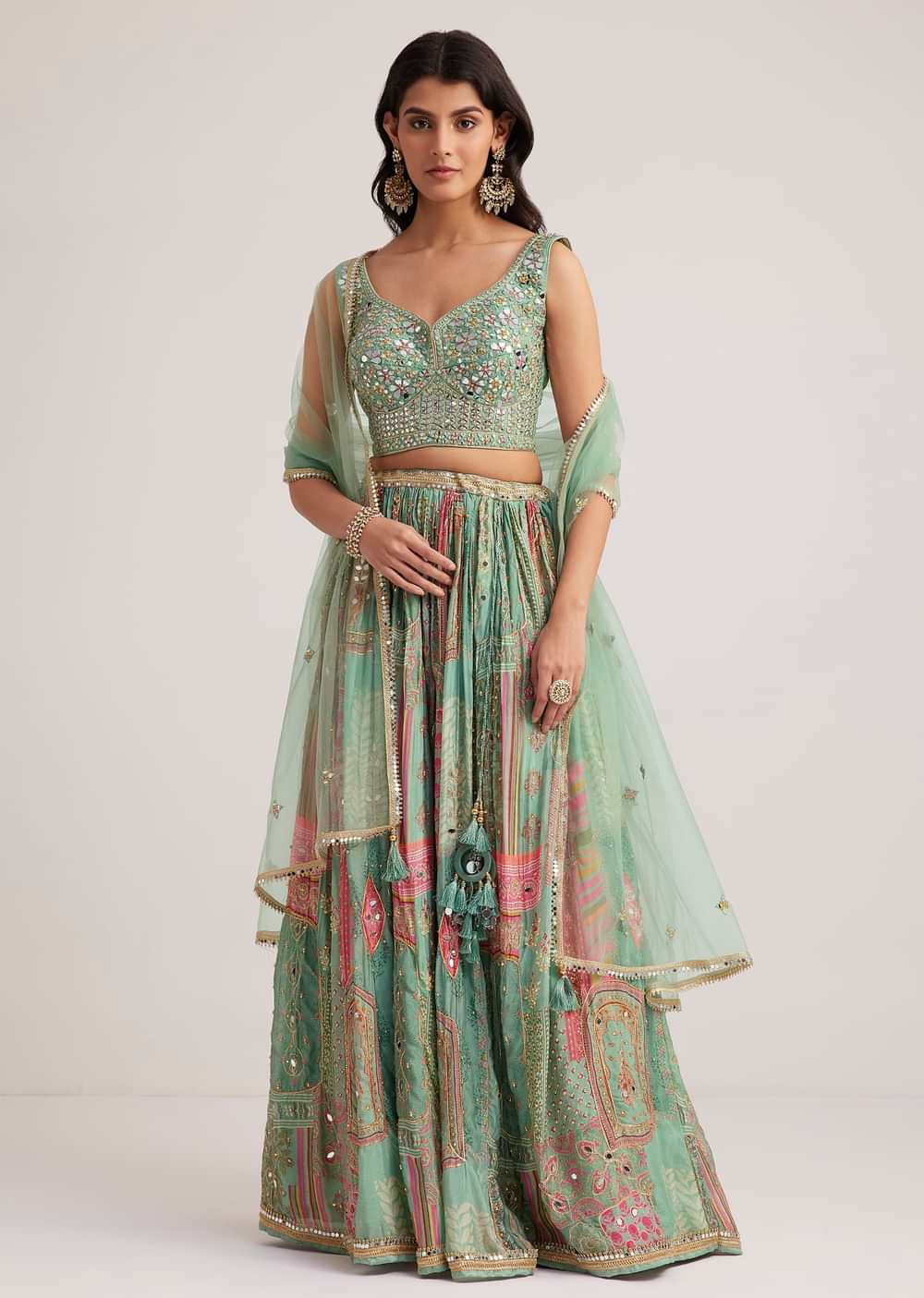 Pista Green Mirror And Zari Embroidered Lehenga Set