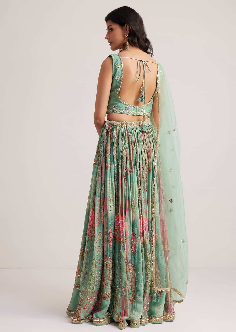 Pista Green Mirror And Zari Embroidered Lehenga Set