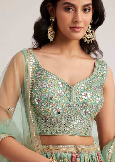 Pista Green Mirror And Zari Embroidered Lehenga Set