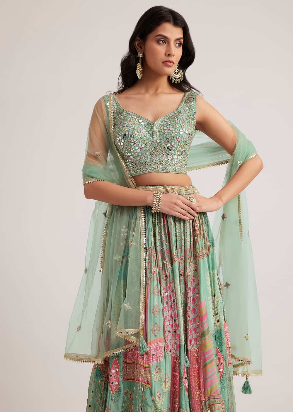 Pista Green Mirror And Zari Embroidered Lehenga Set