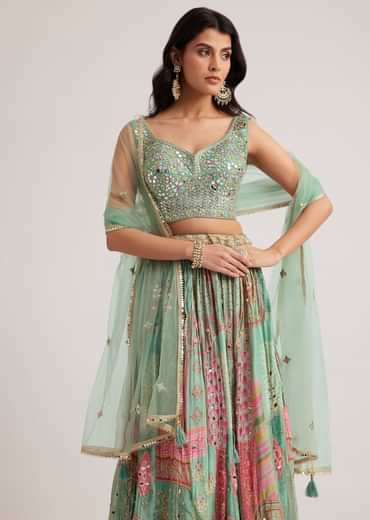 Pista Green Mirror And Zari Embroidered Lehenga Set