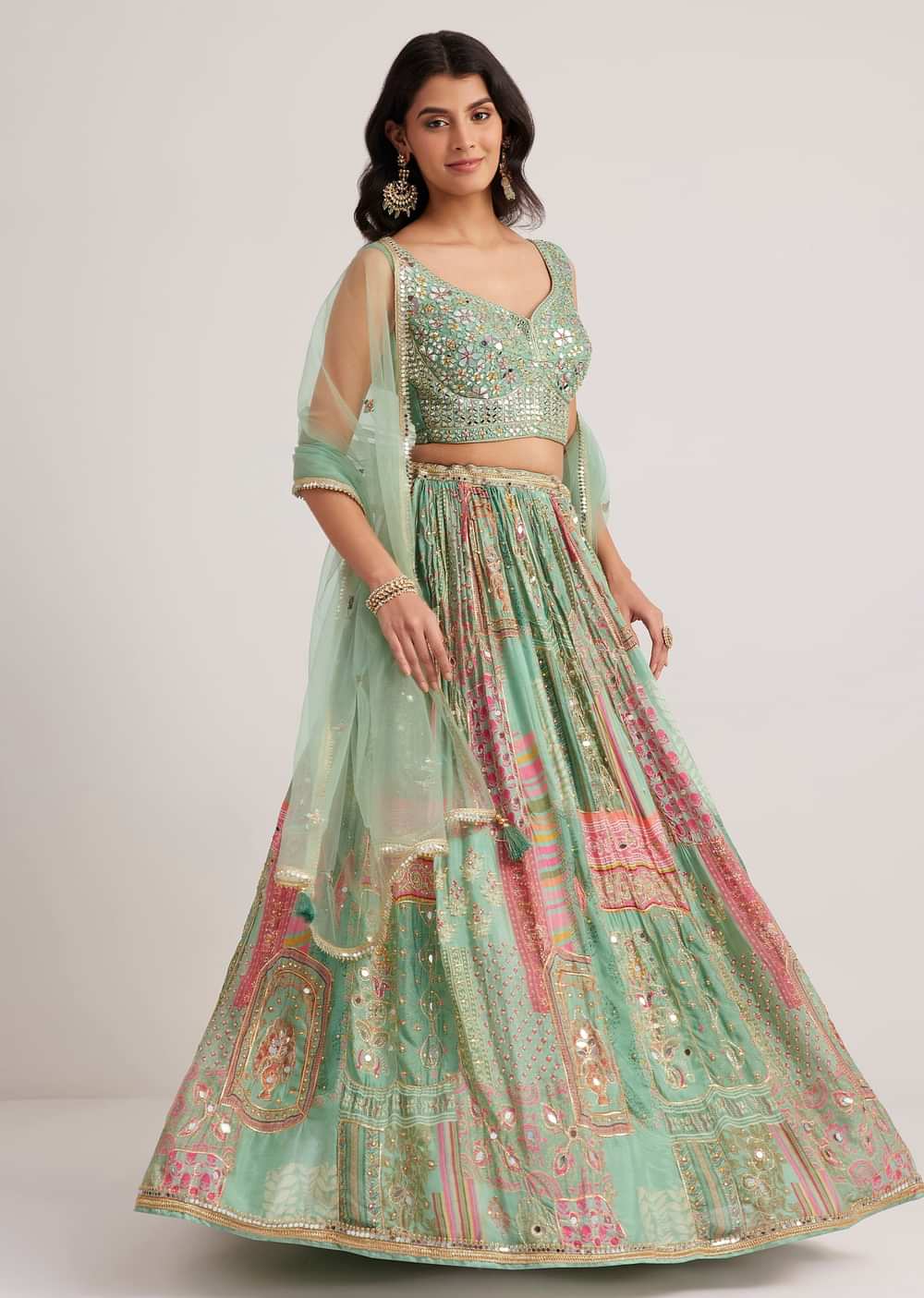 Pista Green Mirror And Zari Embroidered Lehenga Set