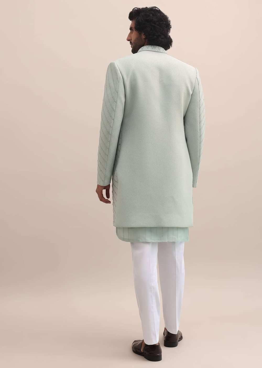 Pista Green Moti Embroidered Indowestern For Men