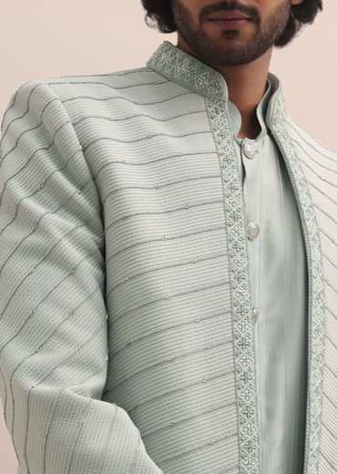 Pista Green Moti Embroidered Indowestern For Men