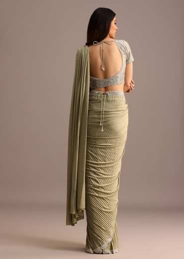 Pista Green Pre Draped Saree With Embroidered Blouse And Belt