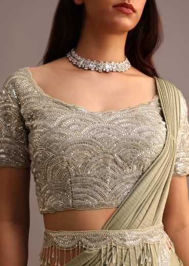 Pista Green Pre Draped Saree With Embroidered Blouse And Belt