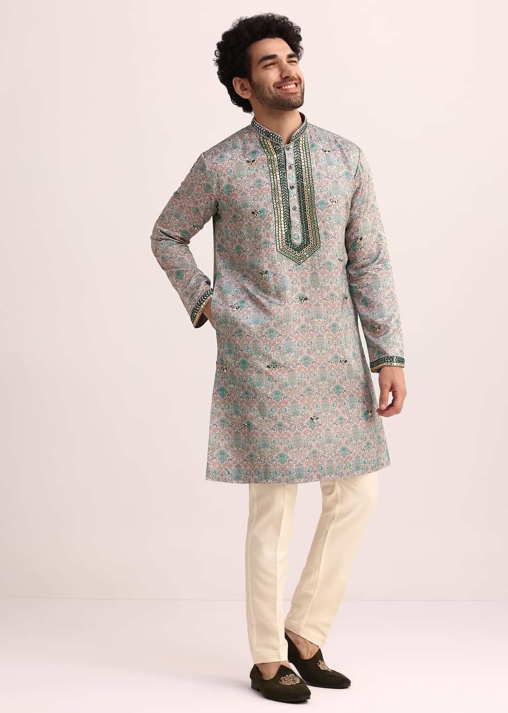 Pista Green Printed Kurta Set With Mirror Work
