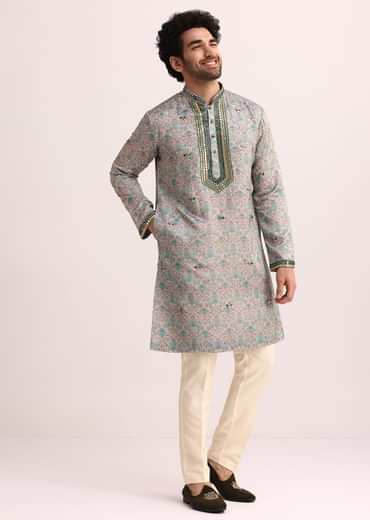Pista Green Printed Kurta Set With Mirror Work