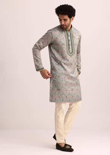 Pista Green Printed Kurta Set With Mirror Work