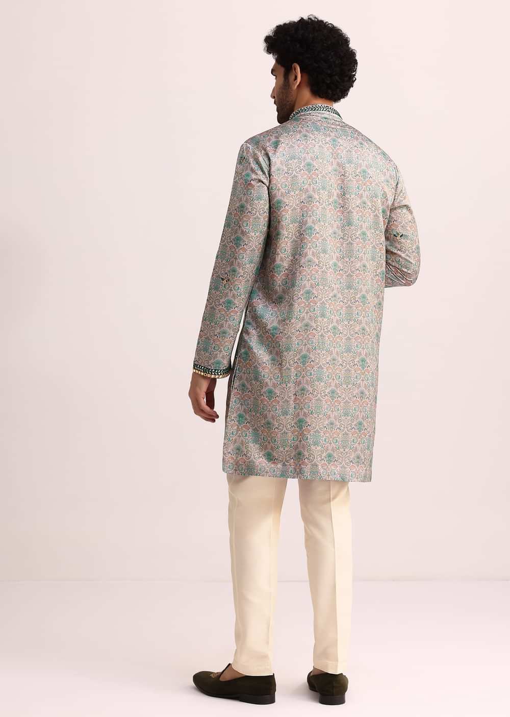 Pista Green Printed Kurta Set With Mirror Work