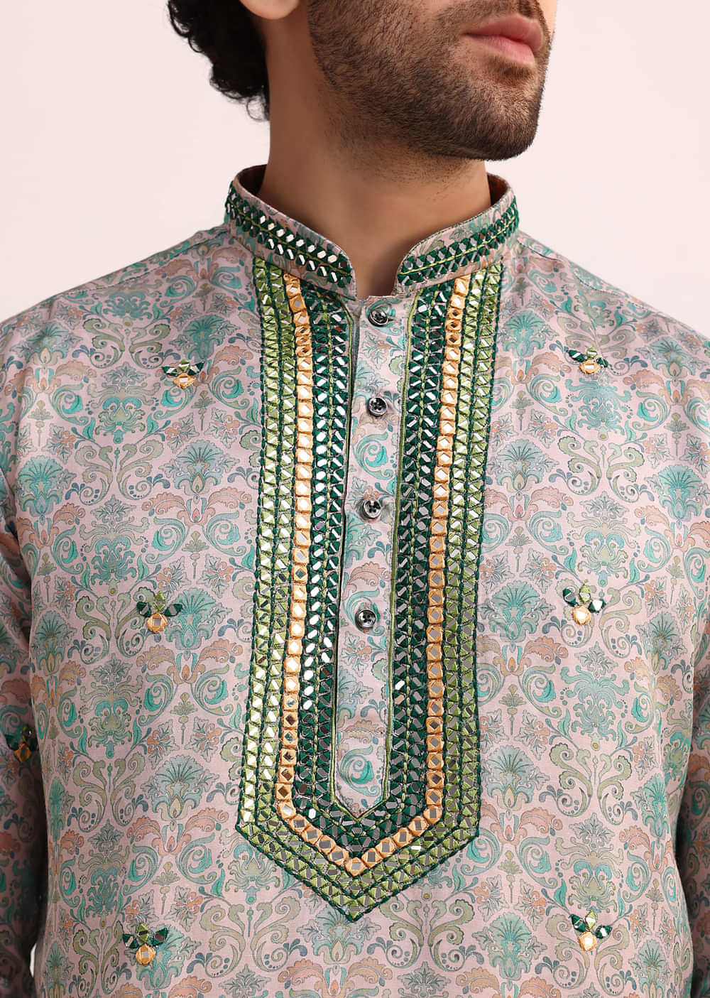 Pista Green Printed Kurta Set With Mirror Work