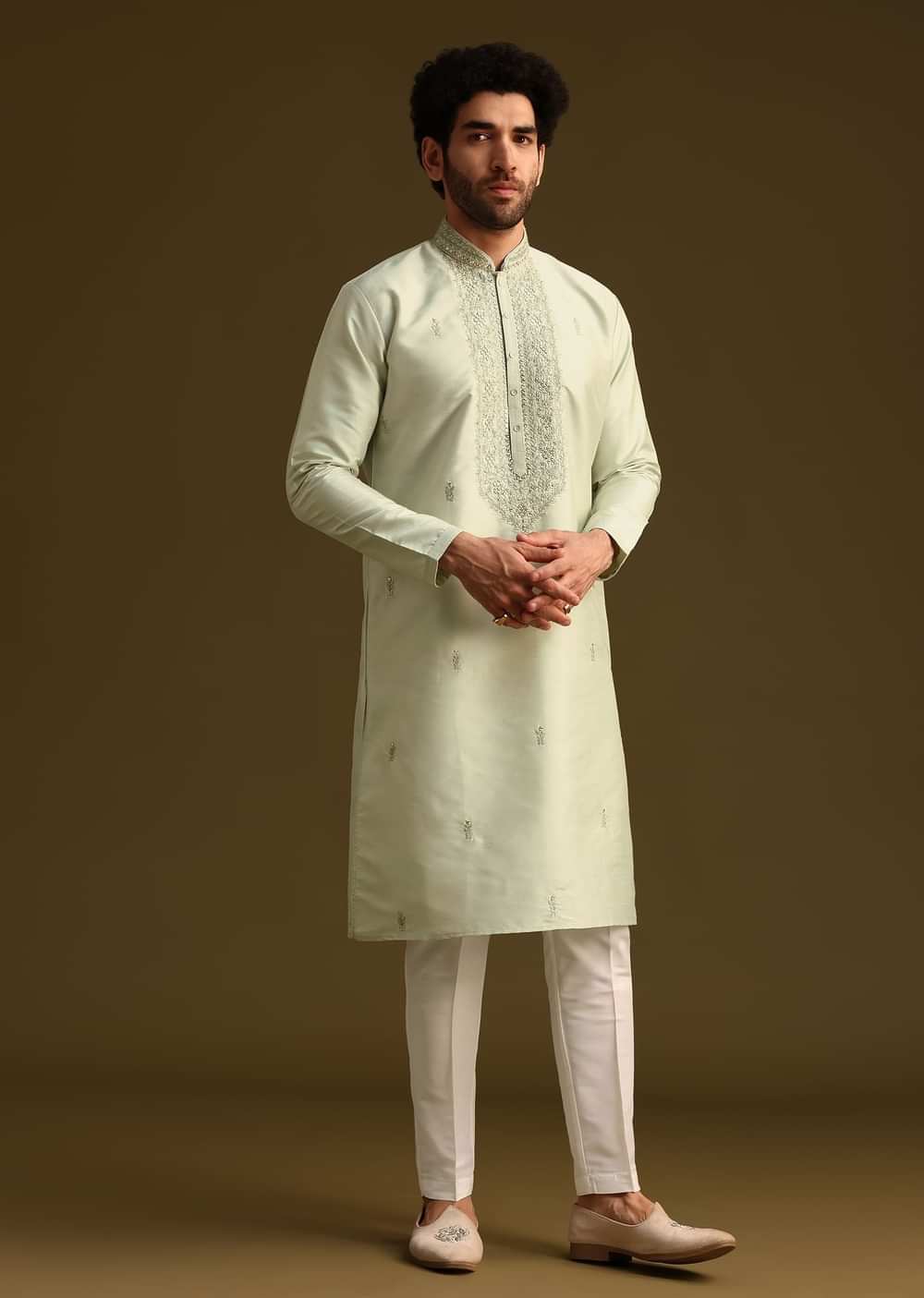 Pista Green Resham Work Kurta and Pant