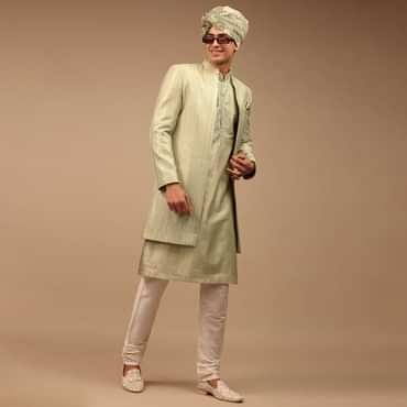 Pista Green Sherwani With Intricate Resham And Mirror Work