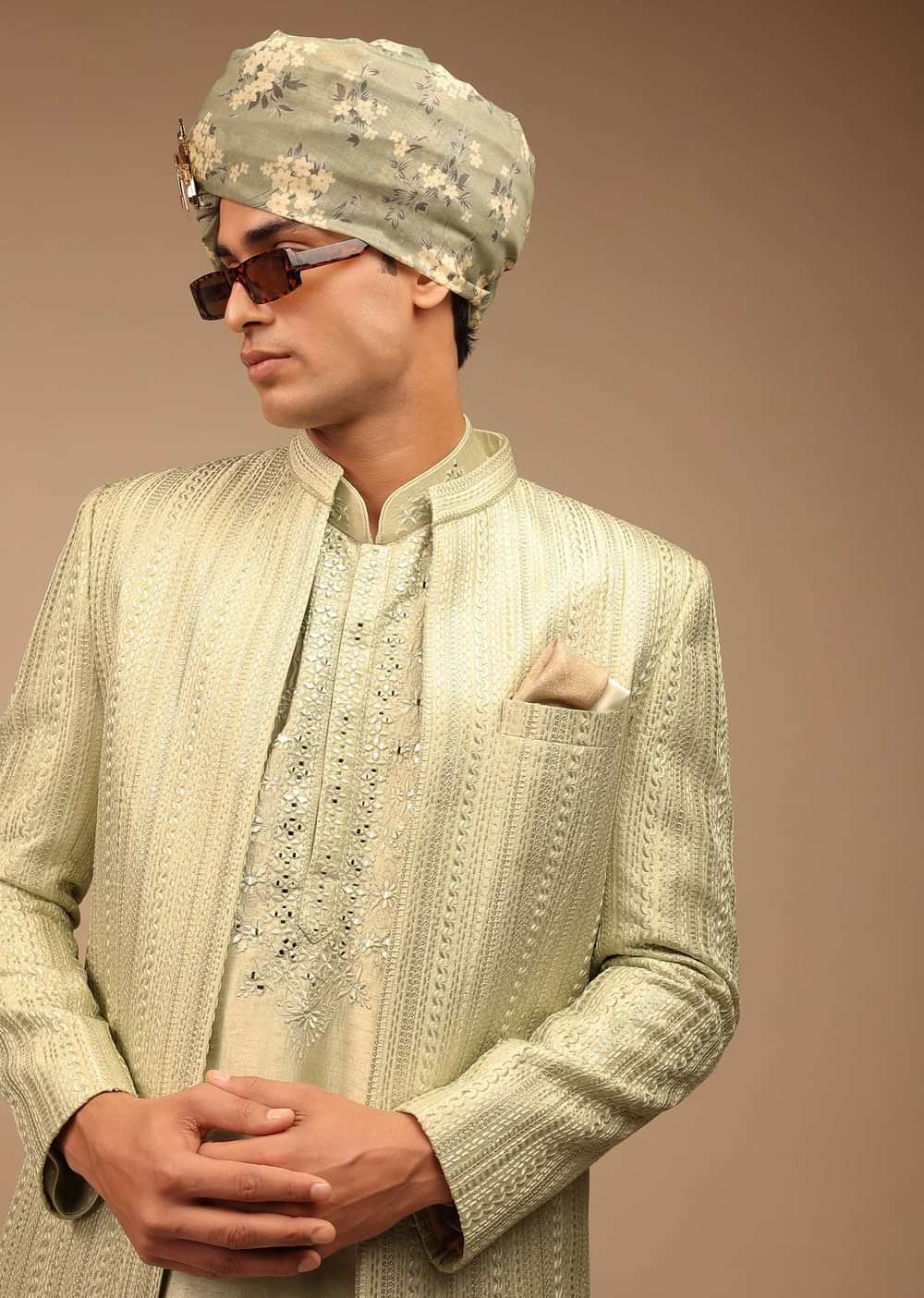 Pista Green Sherwani With Intricate Resham And Mirror Work
