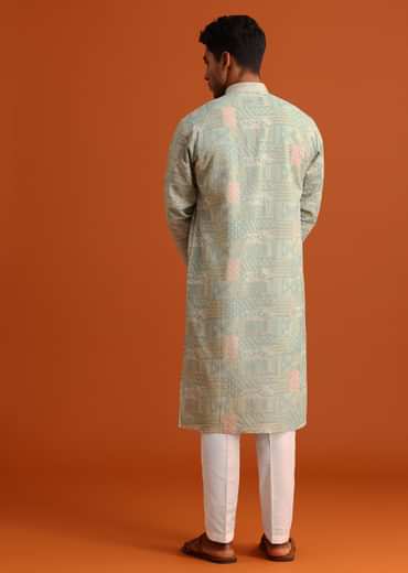 Pista Green Silk Kurta Set With Printed Detail