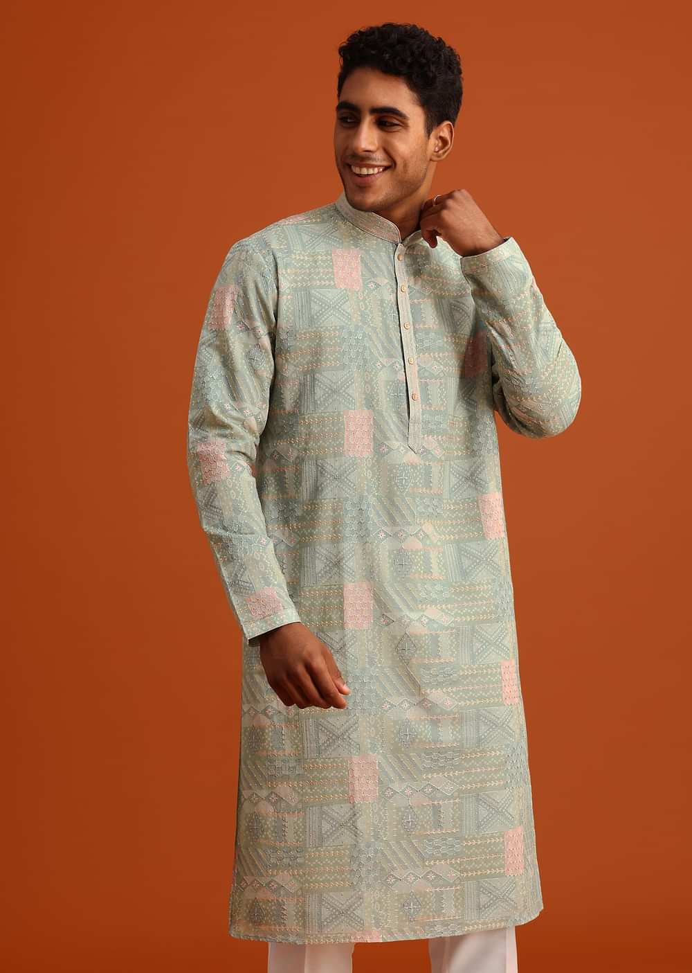 Pista Green Silk Kurta Set With Printed Detail