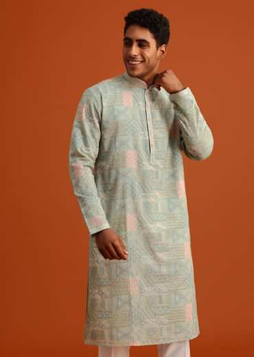 Pista Green Silk Kurta Set With Printed Detail
