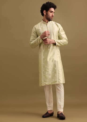 Pista Green Silk Kurta Set With Resham Work For Men