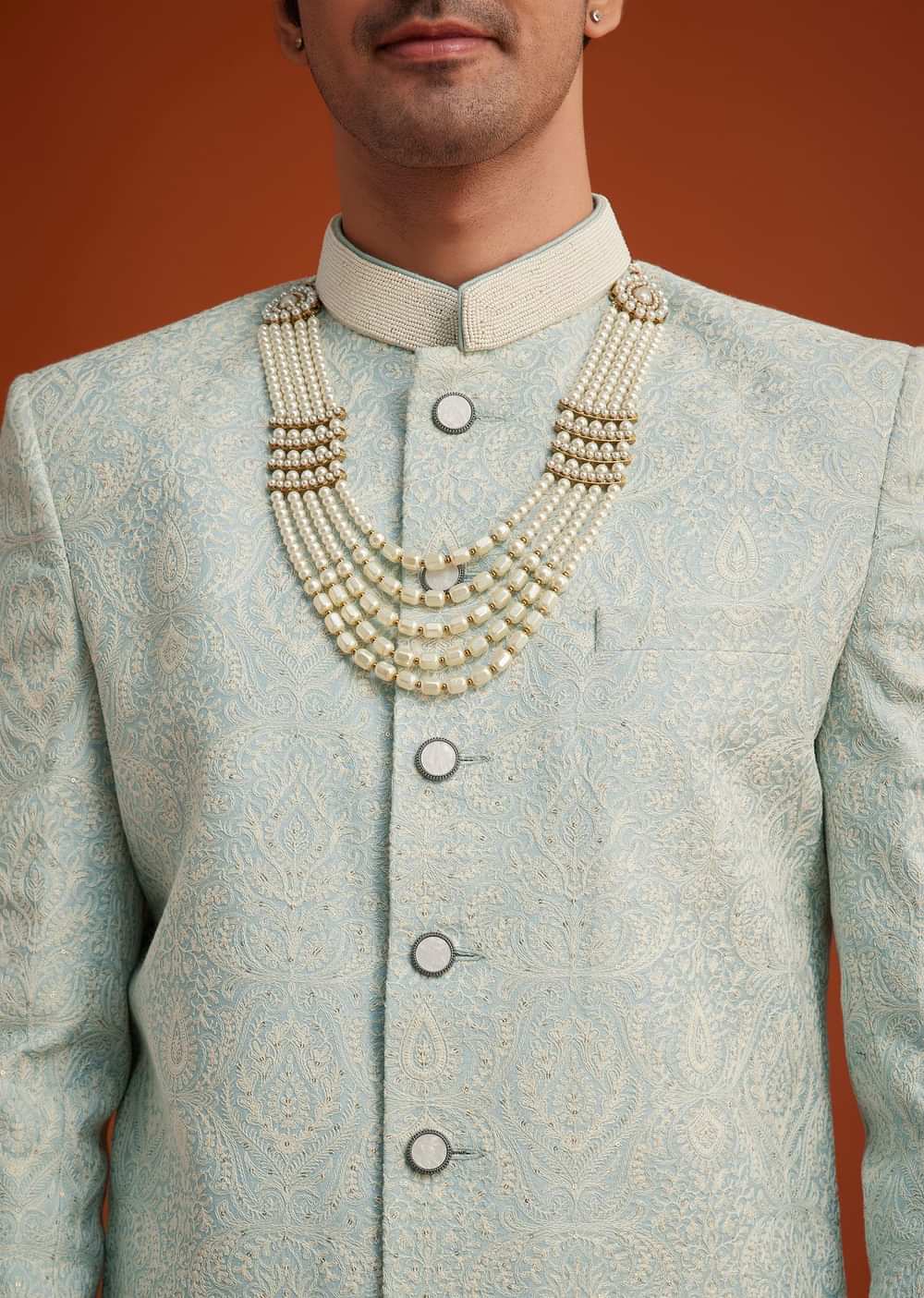 Pista Green Silk Sherwani Set With Bead Work