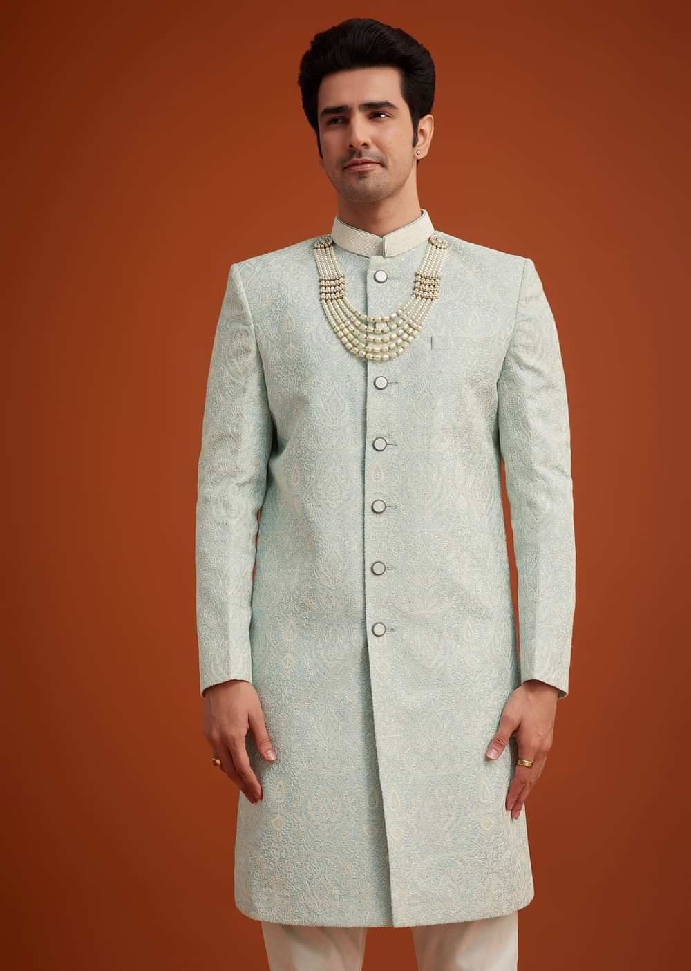 Pista Green Silk Sherwani Set With Bead Work