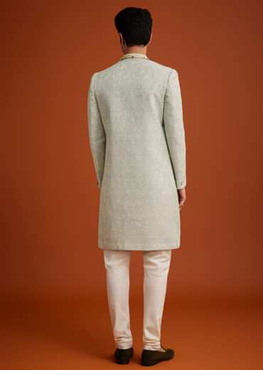 Pista Green Silk Sherwani Set With Beads Embroidery On Collar