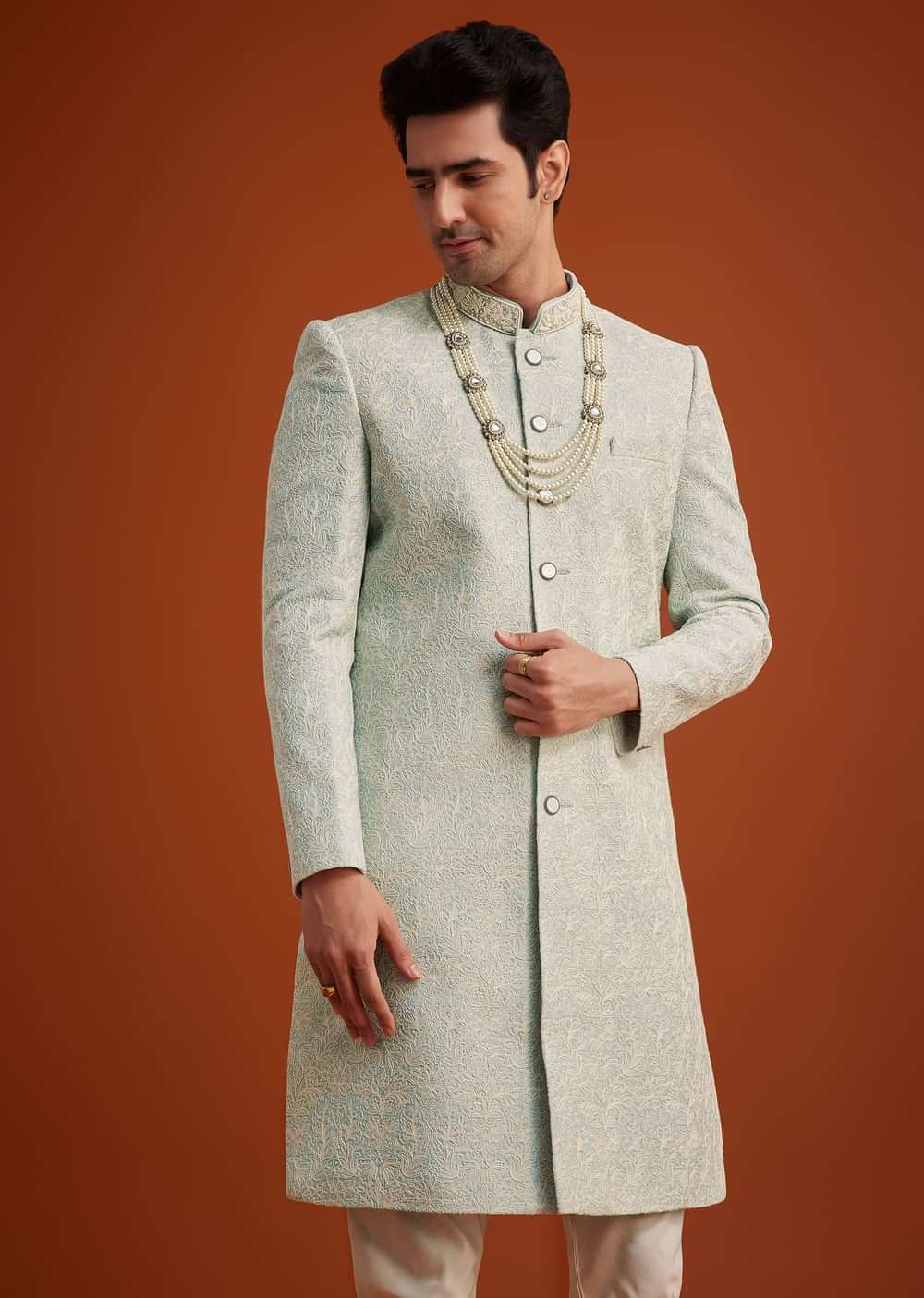 Pista Green Silk Sherwani Set With Beads Embroidery On Collar
