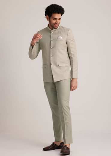 Pista Green Textured Bandhgala Suit
