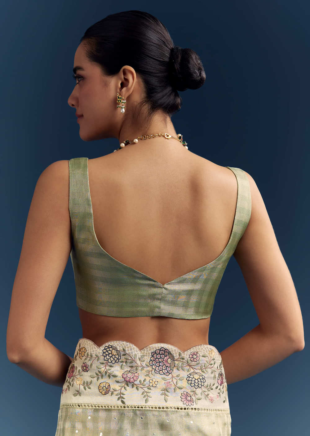 Pista Green Tissue Organza Woven Saree With Heavy Hand Embroidery