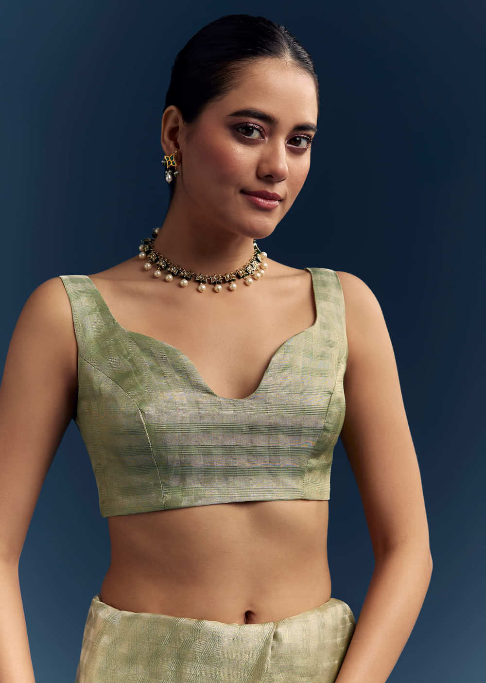 Pista Green Tissue Organza Woven Saree With Heavy Hand Embroidery