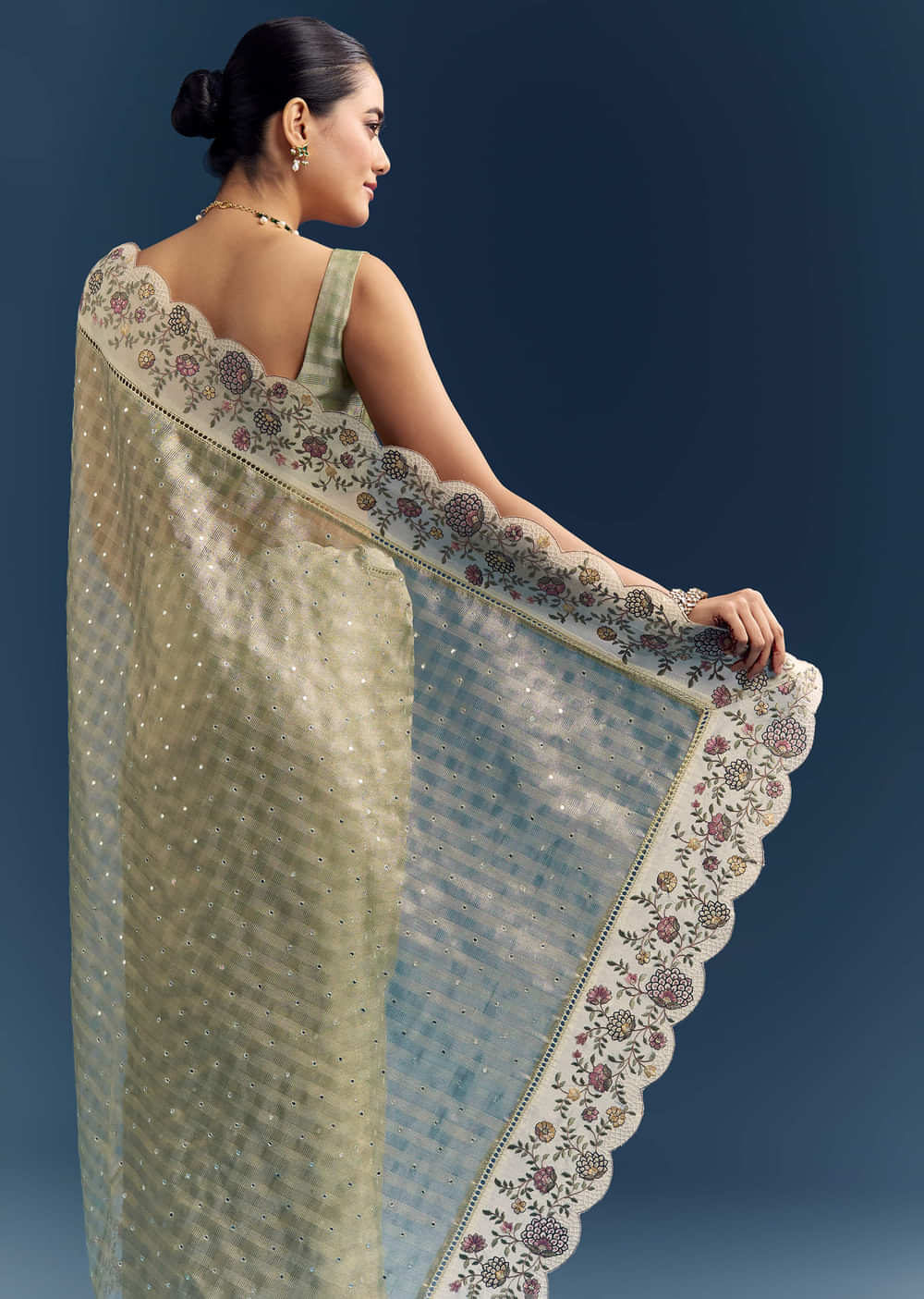 Pista Green Tissue Organza Woven Saree With Heavy Hand Embroidery