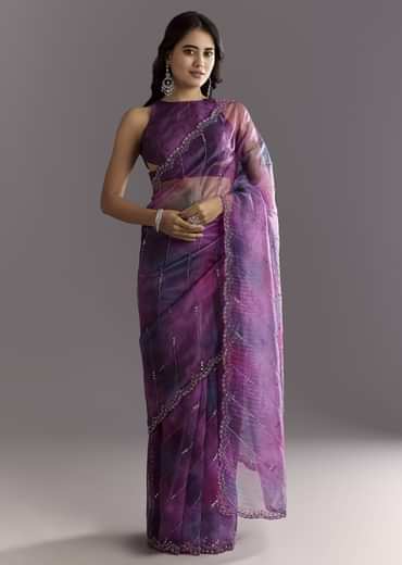 Plum Purple Shaded Organza Saree With Cutdana And Sequin Embroidery