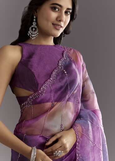 Plum Purple Shaded Organza Saree With Cutdana And Sequin Embroidery