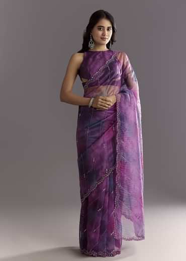 Plum Purple Shaded Organza Saree With Cutdana And Sequin Embroidery