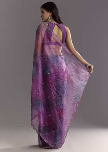 Plum Purple Shaded Organza Saree With Cutdana And Sequin Embroidery