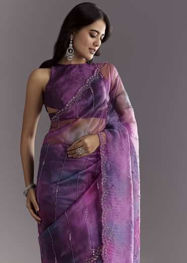 Plum Purple Shaded Organza Saree With Cutdana And Sequin Embroidery