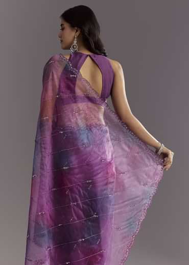 Plum Purple Shaded Organza Saree With Cutdana And Sequin Embroidery