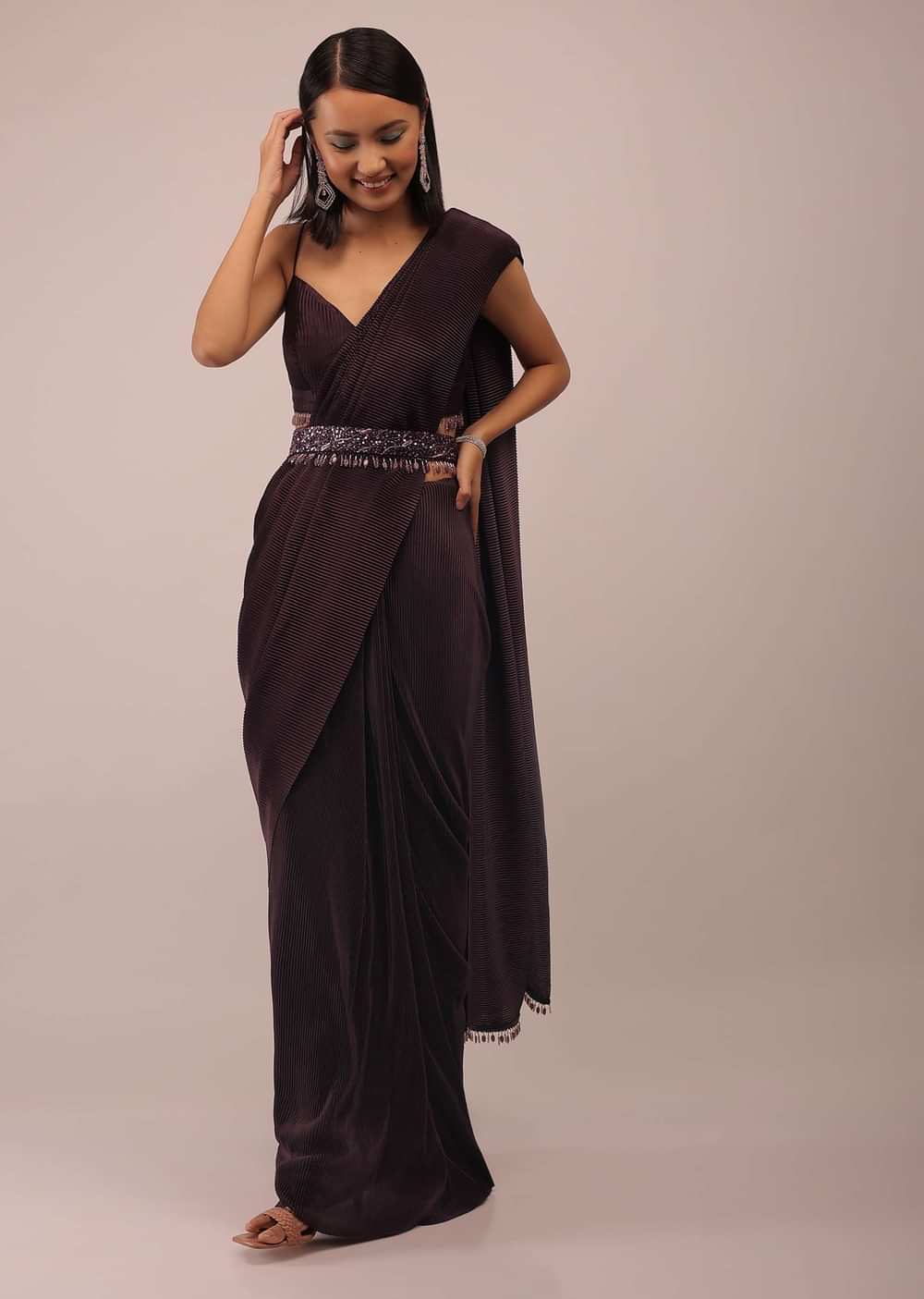 Plum Saree With Moti And Cut Dana Fringes Detailing On The Pallu And A Spaghetti Straps Crop Top With An Embroidered Belt In Fringes