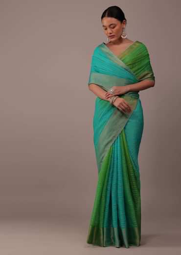 Poison Green Woven Ombre Saree In Organza