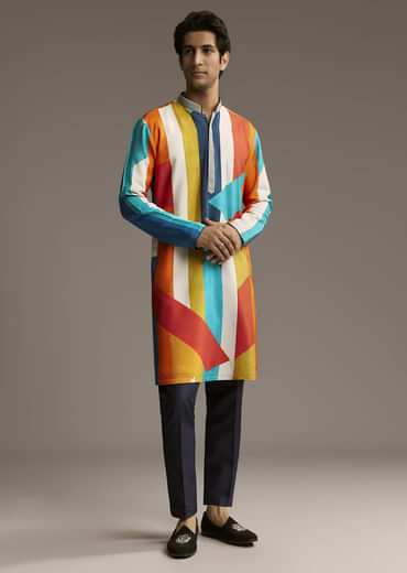Poppy Multicolour Silk Kurta Set For Men With Print